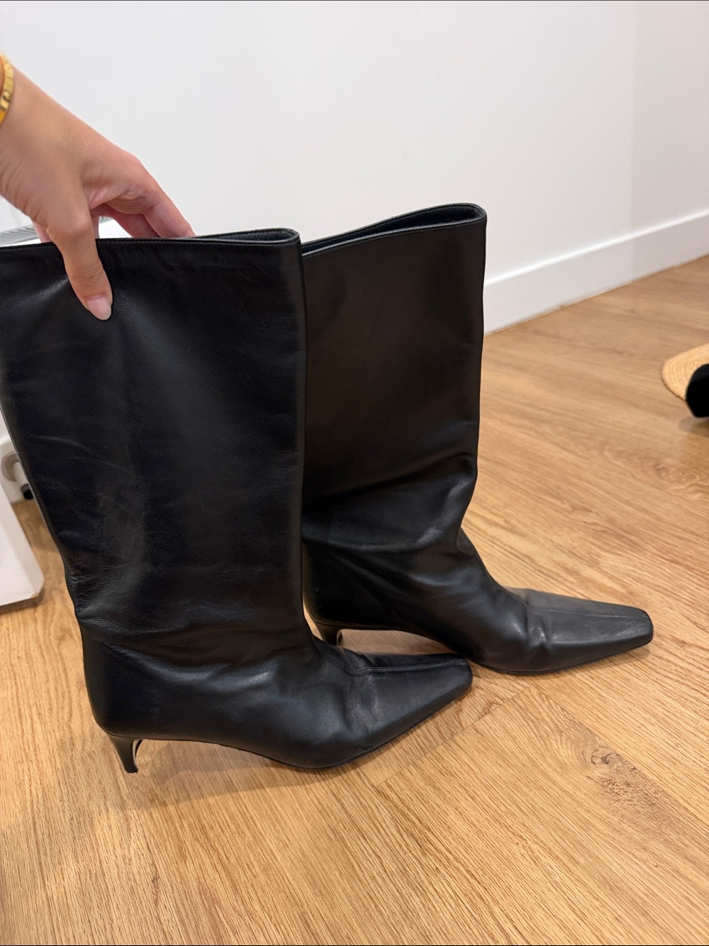 STAUD Wally Black Leather Mid-Calf Pointed-Toe Kitten Heel Boots